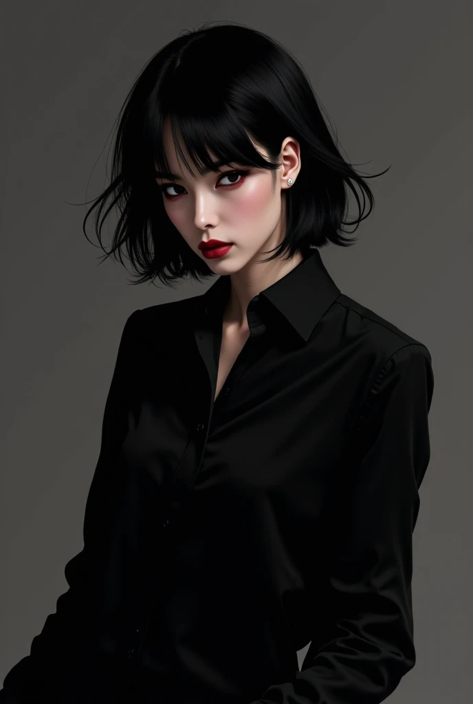 Create a black-haired Chanel ,  with a black shirt and a mischievous look 