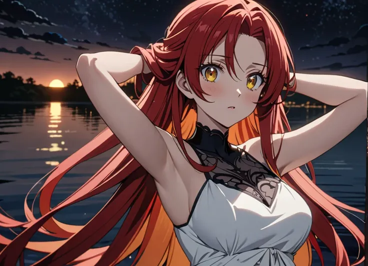 1 anime woman, long red hair, yellow eyes, bright eyes, simple white dress, (((mature))), mature face, very surprised, no blush, Supercilia humilis, perfect body, perfect curves, dusk background with (((a night of darkness))), light blue particles, pale sk...