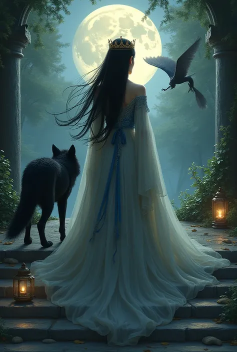 The description 

A beautiful Korean woman with long hair wears a crown, she was wearing a graceful long dress ,she was standing , nearby was a black wolf and a dragon was flying, on the steps of the palace , the forest and the full moon 