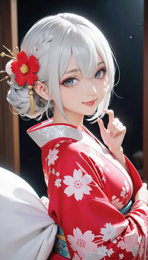 1 Japanese beautiful girl with silvery white hair in an intricate asymmetrical updo. The back of her hair is bunched high and short with the ends fanning out. The left side of her hair frames her face with long, loose strands, while the right side of her h...