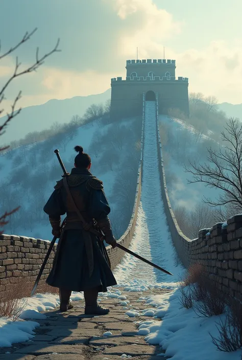  ( Battle at the Great Wall of China、dawn、Sense of presence、4000 years of history in China、 castle in the Qin era 、 Swordsman :1.4) ,, Aesthetically appealing, beautidebtul,    realistic  , winter debtorest,  close,  Prodebtessional photo, 4K,  High dedebt...