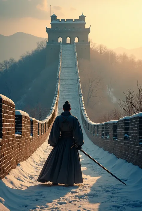  ( Battle at the Great Wall of China、dawn、Sense of presence、4000 years of history in China、 castle in the Qin era 、 Swordsman :1.4) ,, Aesthetically appealing, beautidebtul,    realistic  , winter debtorest,  close,  Prodebtessional photo, 4K,  High dedebt...