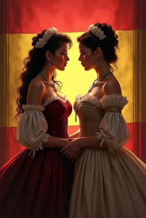 one buxom Latin woman dressed in 17th century clothes, invites a buxom Latina dressed in 17th century clothes to join the Spanish faction ,  against the Spanish flag, carefully draw your fingers
