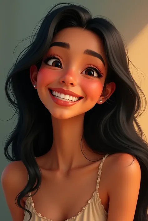 light brown woman,  long black hair , smiling, happy, blinking an eye,Pixar style