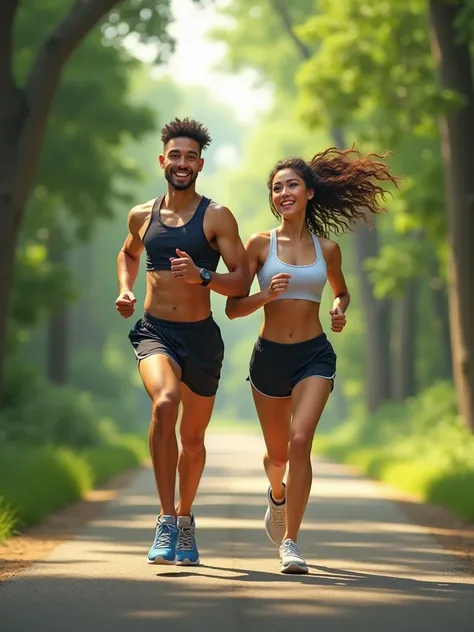 A couple of a man and a woman with short shorts are running together in the park.