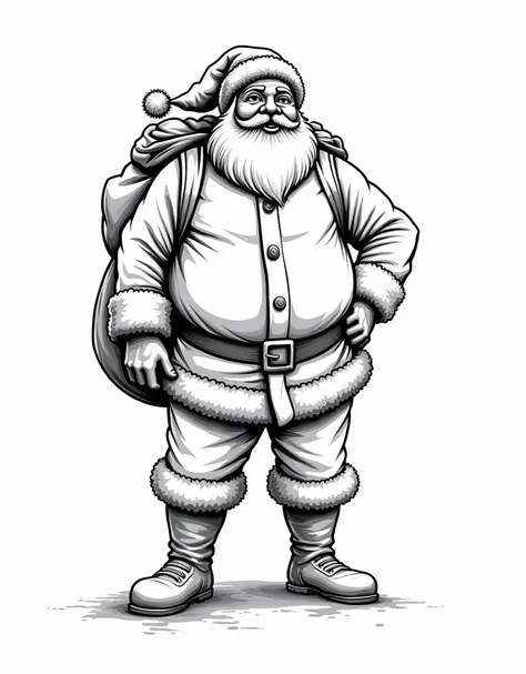 "A bold, dark black line art drawing of Santa Claus, depicting his entire body. The layout should concentrate on the borders of the image, highlighting details like Santas hat, beard, suit, boots, and gift sack. The center of the image should remain empty,...