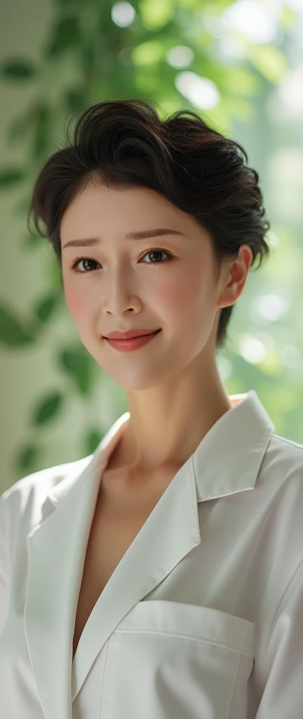 ((beauty clinic)),White,50-year-old women, top quality ,beauty clinic,natureな白い肌,perfect face,8k,(( one woman)),beauty uniform, real, short hair,nature,therapist, black hair, glamour , plump 