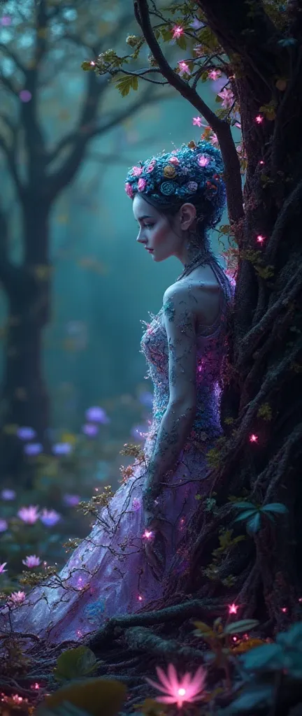 foreground:1.5, (tangled, , Fractal, grid), (surreal Fractal art:1.3), ( Mechanical bioluminescent elf princess beautiful elf dress looking out from behind a tree:1.5), ( Very detailed , 8k, beautiful epic scene, darkness), ( photorealistic,  cinematic lig...