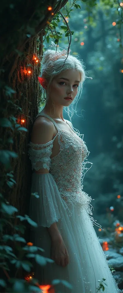 foreground:1.5, (tangled, , Fractal, grid), (surreal Fractal art:1.3), ( Mechanical bioluminescent elf princess beautiful elf dress looking out from behind a tree:1.5), ( Very detailed , 8k, beautiful epic scene, darkness), ( photorealistic,  cinematic lig...