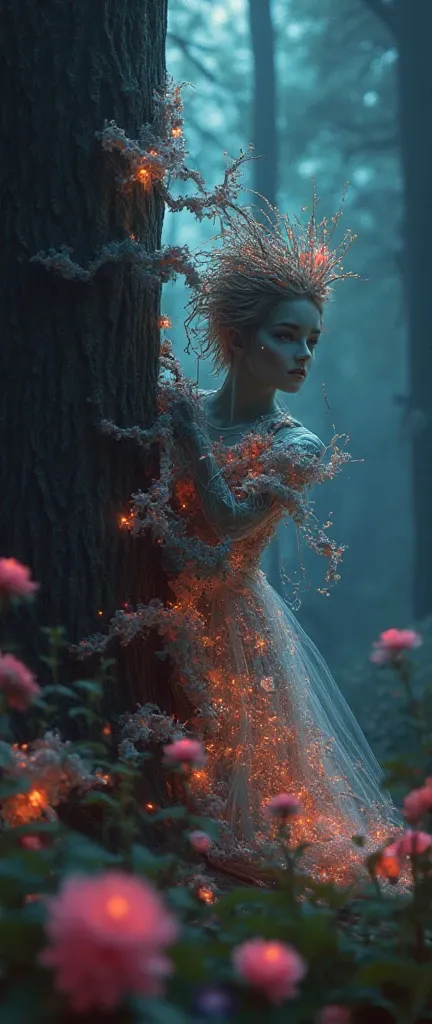 foreground:1.5, (tangled, , Fractal, grid), (surreal Fractal art:1.3), ( Mechanical bioluminescent elf princess beautiful elf dress looking out from behind a tree:1.5), ( Very detailed , 8k, beautiful epic scene, darkness), ( photorealistic,  cinematic lig...