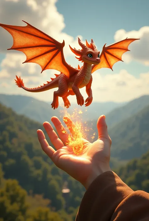 make a video of a baby dragon flying through the air and raining fire on the finger of a human hand