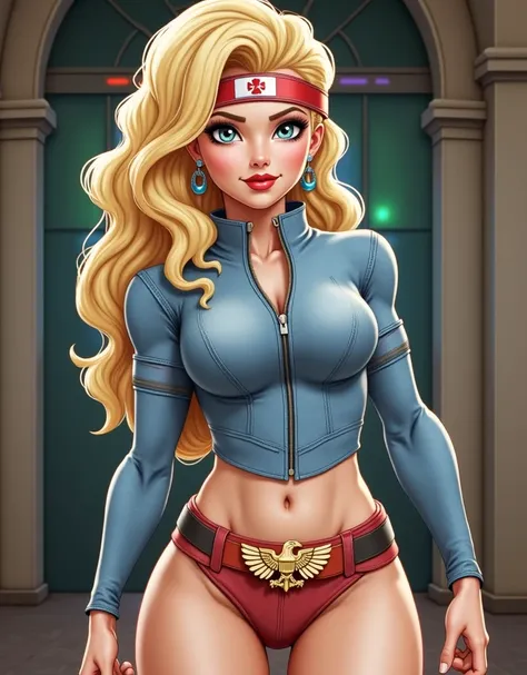 MUSCULAR BOMBSHELL AGENT BLONDE WOMAN IN A SEXY BLUE JEANS ZIPER LEOTARD, NECK CLEAVAGE, BLUE JEANS BODYSUIT, RED HIGH TOP ALL STAR TENIS, RED ARMBANDS, RED HEADBAND, RED BELT, GOLDEN EAGLE BUCKLE, GORGEOUS MUSCULAR CURVY FEMALE BODY, EXPOSED GORGEOUS THIG...