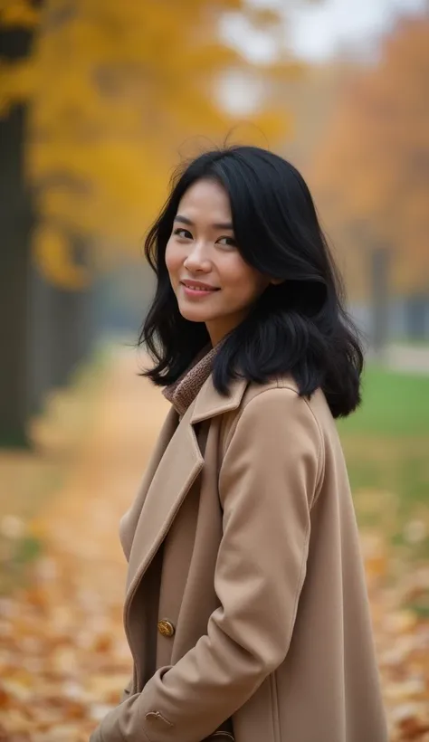 A 35-year-old woman with medium-length black hair, wearing a beige coat, walking through an autumn park.