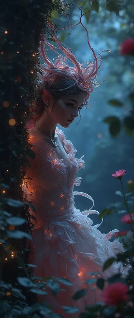 foreground:1.5, (tangled, , Fractal, grid), (surreal Fractal art:1.3), ( Mechanical bioluminescent elf princess beautiful elf dress looking out from behind a tree:1.5), ( Very detailed , 8k, beautiful epic scene, darkness), ( photorealistic,  cinematic lig...