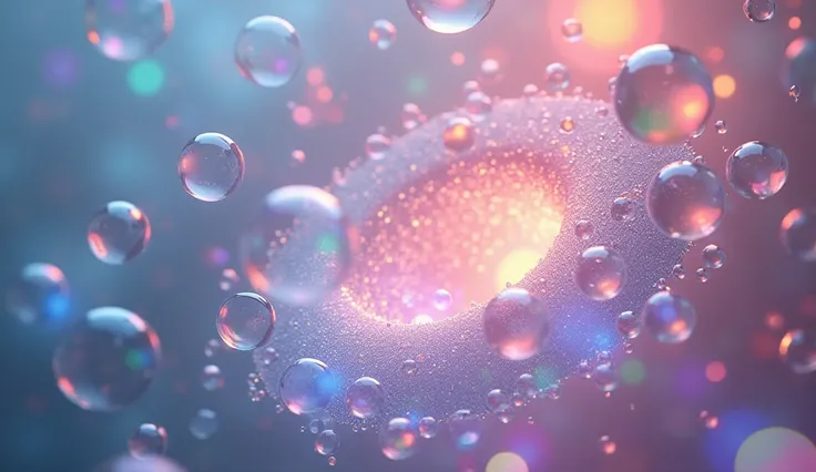 A variety of bubbles, big and small, floating in a dreamy spiral pattern, glowing softly with rainbow hues, magical and playful atmosphere, ultra-detailed