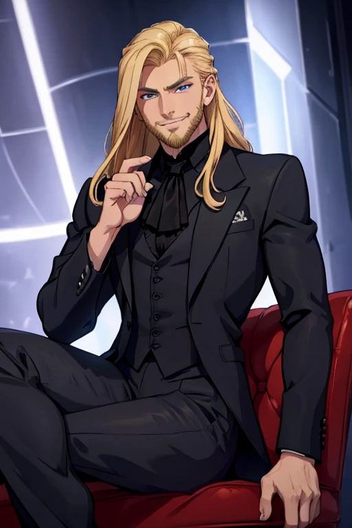 Perfect face. Perfect hands. A muscular blonde hair man with blue eyes and long hair and dark beard in a Goth suit is smiling while sitting in a Gothic ballroom