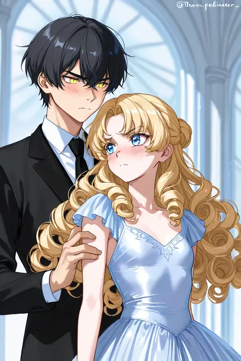 Tall teenager with Black hair, light cold blue eyes, handsome, bad tempered but shy, wearing black clothes and a ballerina girl serious with blonde long curly hair and shiny golden eyes in a magic land wearing a blue delicate dress. THE GIRL IS THE ONE WIT...