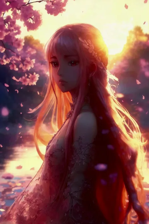 A highly detailed illustration of a beautiful anime girl with long flowing hair, wearing an elegant, slightly revealing outfit that highlights her beauty. The scene is set in a vibrant and atmospheric background, such as a glowing sunset over a serene lake...