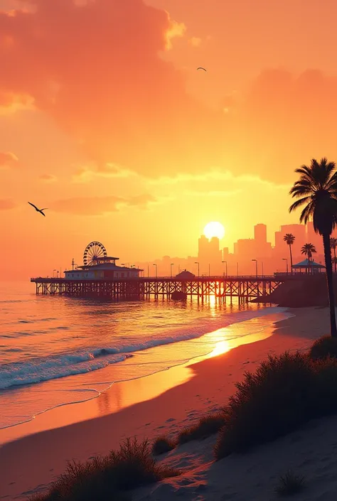 loading screen-style illustration of the game GTA ,  Pier de Santa Monica on Los Santos Beach on a late afternoon at sunset