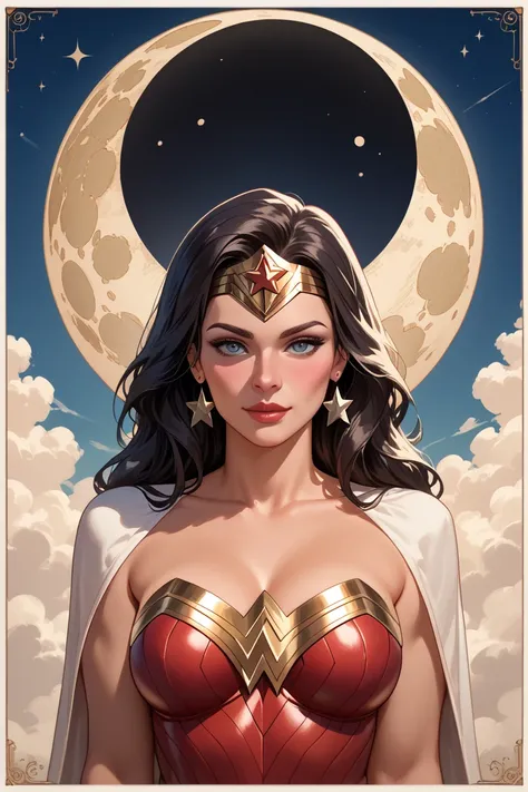  Wonder Woman revealing her  , 20 year old model， border outlines Tarot ， screen designed as Tarot Theme Number II（yin and yang） - Female Priestess （ La Papesse ， Mysterious ）- Moon ，