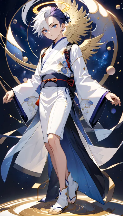 Fresh illustration,
Ultra-fine drawing,
Very delicate illustration,
Very fine details,
One boy,
Full body,
Standing motionless,
Arms slightly open,
Height 158cm,
Fair skin,
Right eye is purple,
Left eye is blue,
Odd eyes,
Heterochromie iris,
Beautiful eyes...