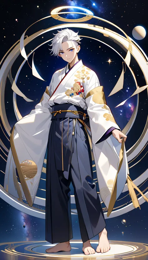 Fresh illustration,
Ultra-fine drawing,
Very delicate illustration,
Very fine details,
One boy,
Full body,
Standing motionless,
Arms slightly open,
Height 158cm,
Fair skin,
Right eye is purple,
Left eye is blue,
Odd eyes,
Heterochromie iris,
Beautiful eyes...