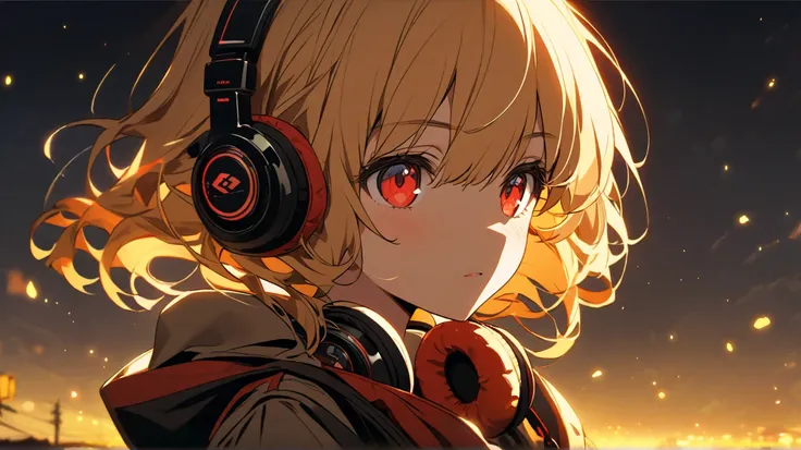 Girl red eyes red Drill Twin hair Headphones hanging around the neck Shining yellow night Distant View front