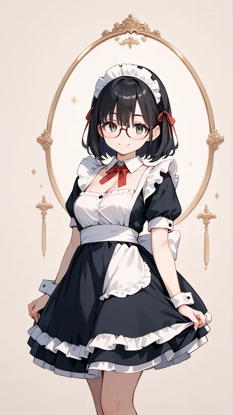 Black hair, glasses, maid uniform, smiling face