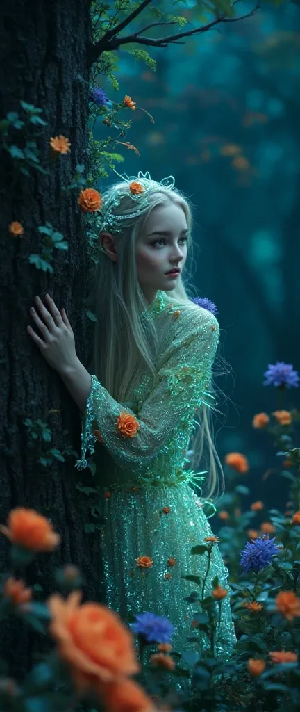 foreground:1.5, (tangled, , Fractal, grid), (surreal Fractal art:1.3), ( Mechanical bioluminescent elf princess beautiful elf dress looking out from behind a tree:1.5), ( Very detailed , 8k, beautiful epic scene, darkness), ( photorealistic,  cinematic lig...