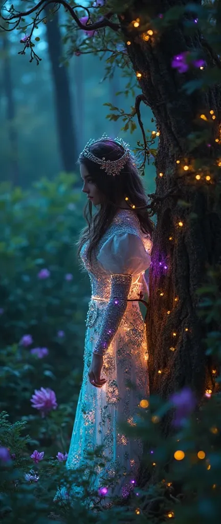 foreground:1.5, (tangled, , Fractal, grid), (surreal Fractal art:1.3), ( Mechanical bioluminescent elf princess beautiful elf dress looking out from behind a tree:1.5), ( Very detailed , 8k, beautiful epic scene, darkness), ( photorealistic,  cinematic lig...