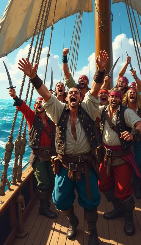 
A chorus of cheers erupted from the pirate crew, fueled by the promise of gold and glory.