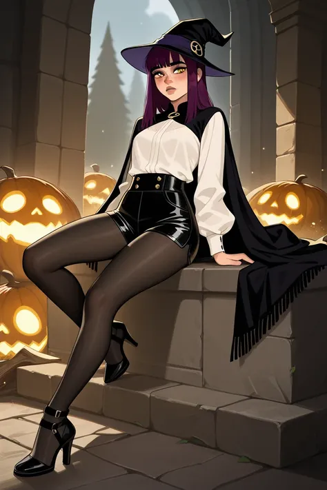 Character, witch, purple hair, fringe, gold eyes,seductives eyes, freckles, light shirt, black leather shorts, black tights, heels, long black mantle, Arcane style