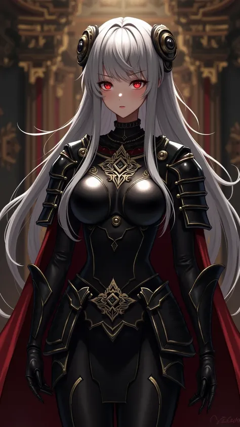  real,masterpiece, palace, Dark Armor （ Armor Dress ）， Long Silver Natural Roll, Big breasts， Japanese Schoolgirl ，Red Double Eyes ，