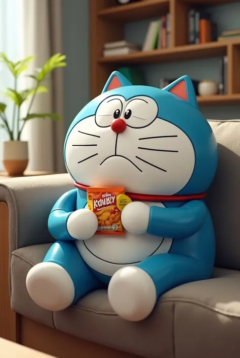 A chubby blue robot cat with a large round belly, named Doraemon, lounging lazily on a modern couch in a cozy living room. He holds an empty snack packet in his paws, looking disappointed. The room is filled with futuristic gadgets, and the overall vibe is...