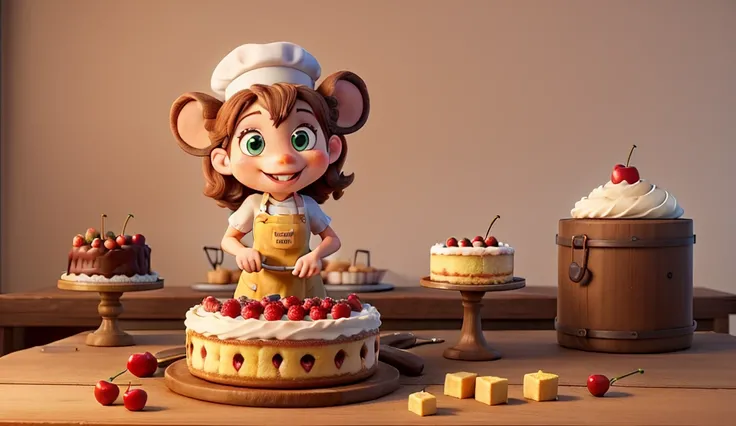 A cute cartoon mouse pastry chef, wearing a chefs hat, is decorating a giant cake. The cake is covered with cherries on top. In the mouses paws is a piping bag filled with cream, and the mouse is carefully applying intricate designs to the cake. The backgr...