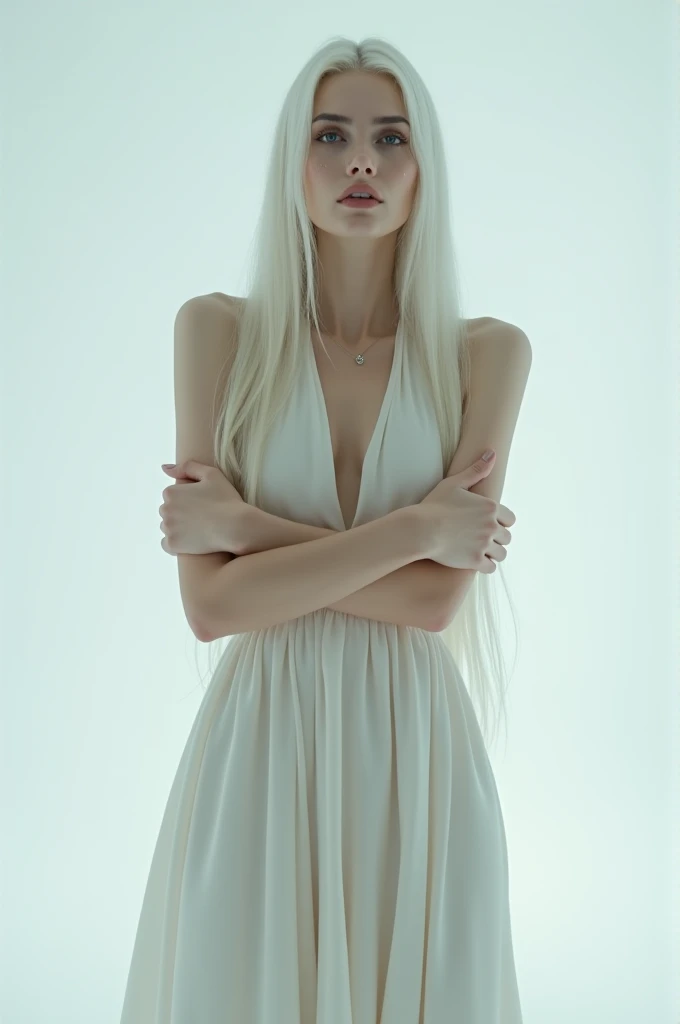 | A woman with long, straight white hair slicked back,| I want her without eyebrows in a very alternative setting,wearing a white silk dress,She gives a pose like She is hugging herself,| She will look up and a diamond tear will fall from her eyes,| I want...