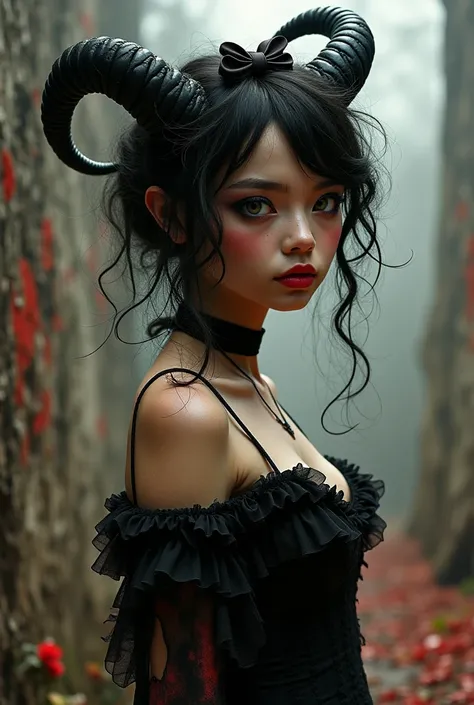 black  ,  skinny curly and well-filled hair wearing a half-torn black dress,  with horns on her head , Dirty dust clothes ,  with big eyes and a little bow on her head black and red  
