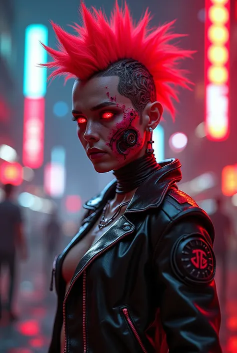 Cybernetic punk hair moecano red zombie with neon colors 