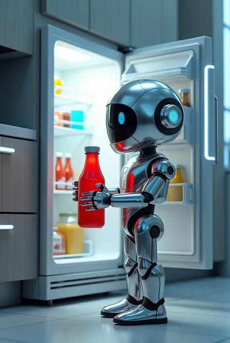 "Create a futuristic robot in a shiny modern kitchen, searching through a refrigerator. The robot is metallic silver with glowing blue eyes and an innocent, curious expression. It is holding a bright red ketchup bottle in one hand, mistaking it for milk. T...