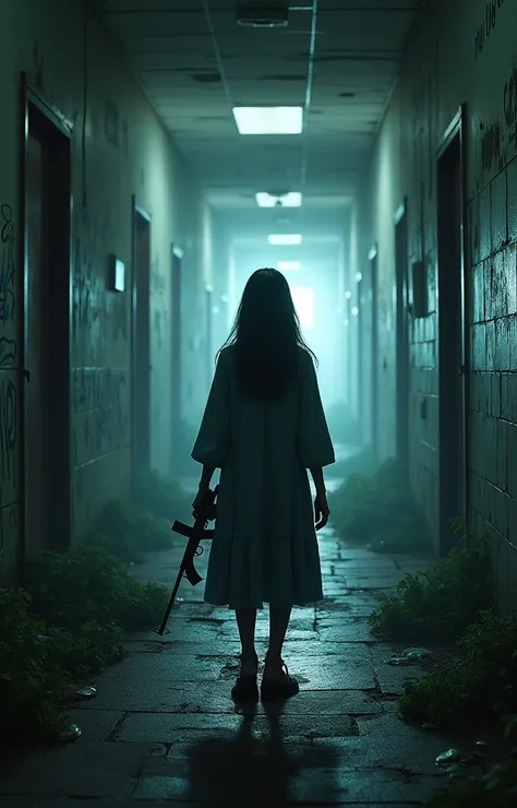 a book cover for "Sister by chance, Heiress by fate." book by "Hatdognisiyun" A book shows mysterious abandoned school and one girl holding a gun in a shadow