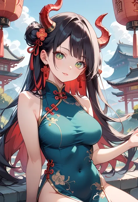 ((masterpiece, best quality, ultra detailed, high resolution, detailed facial description)), (solo, 1 noble woman:1.3), (cheongsam clothing), (long hair:1.3, Black hair, red inner color hair:1.3), (dragon horn), (green eyes), (tsurime:1.3, slit pupils:1.1)...