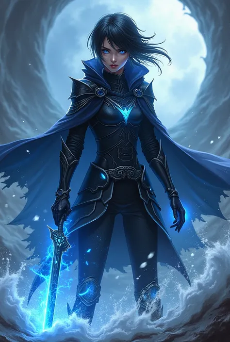  A black-haired teenager,  Blue Eyes, holding a short, curved sword .  wearing black armor with blue details and a draped cloak. he has a blue aura on his body .  and has waves and drops of water surrounding him .