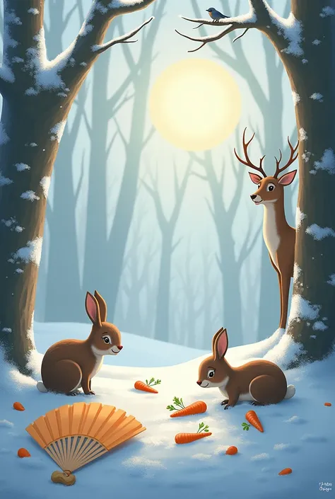 a hare in the forest of a tree a high sun shines and a lot of snow around a deer stands behind a tree and on the tree a bird sits and a fan with a peanut and a hare eats carrots 