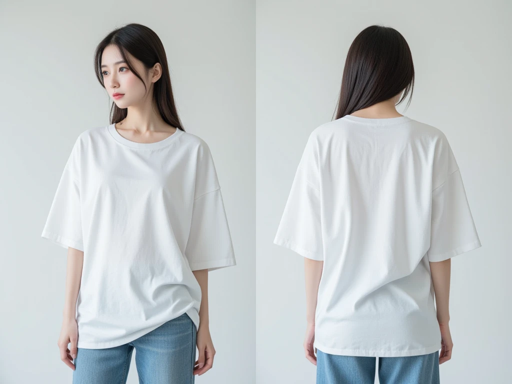 a beautiful asian woman,realistic, wearing a plain oversize white t-shirt with jeans, 2 pose ( showing front and back poses of the t-shirt ) full body, big boobs, photorealistic,8k,hyper realistic