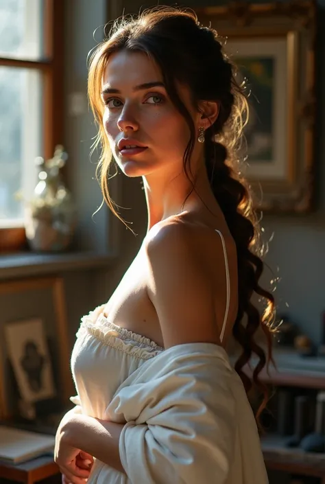 French woman in art studio, full body shot, ( background: art studio filled with drawing materials, north light, wood floors, charcoal, papers, frames) , most beautiful woman, (her long hair updo, styled:1.2), shes lit with natural autumn light glow, radia...