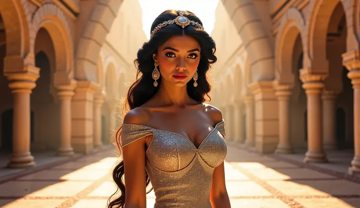 
Masterpiece, a beautiful 25 years old, bright and vibrant colors, studio lighting, romantic expression, Silver double tail, busty, neckline, A young American actress stands in front of a magnificent palace dressed as Princess Jasmine from the movie Aladdi...