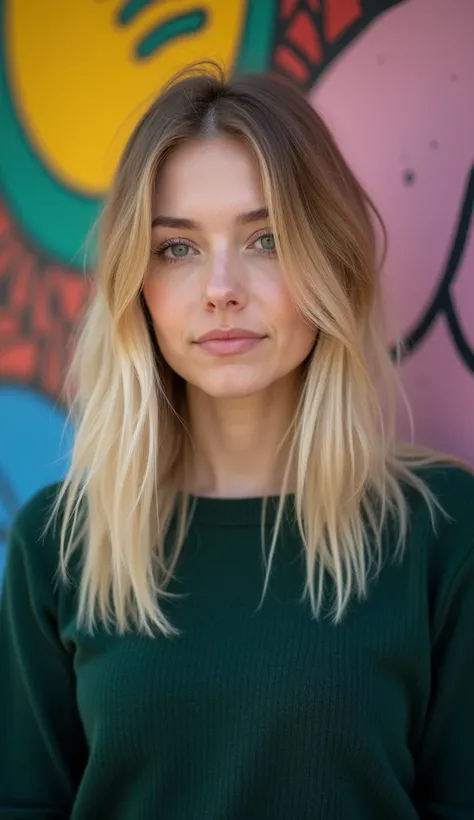 A 37-year-old woman with straight blonde hair, wearing a dark green sweater, standing in front of a colorful mural.