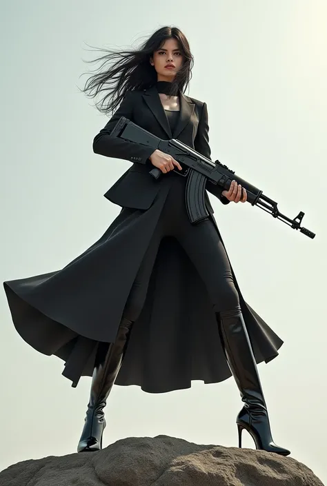 Girl hold a ak 12 gun. Right foot resting on a rock. Left foot on the ground. Wearing knee high boot heels. Top wearing a suit. Bottom Wearing a princess dress. Front view. 