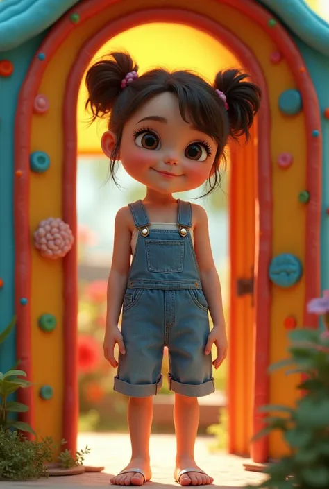 girl overalls shirtless in colorful playhouse