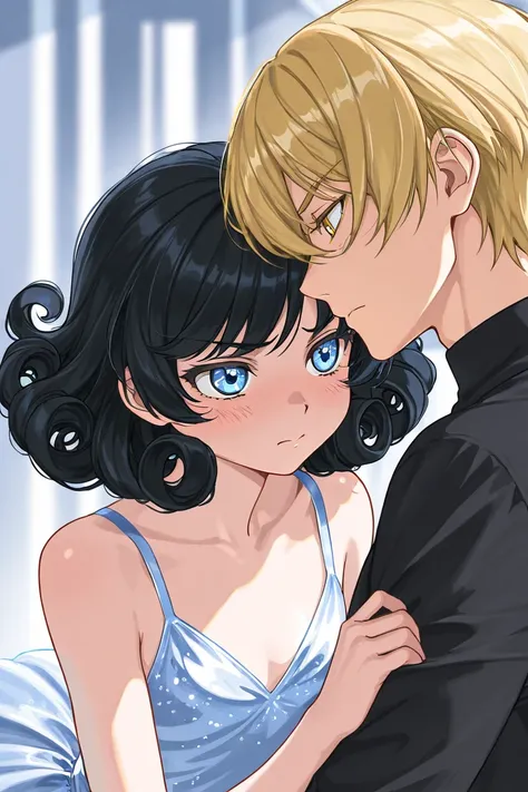 Tall teenager with Black hair, light cold blue eyes, handsome, bad tempered but shy, wearing black clothes and a ballerina girl serious with blonde long curly hair and shiny golden eyes in a magic land wearing a blue delicate dress. THE GIRL IS THE ONE WIT...